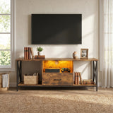 [Rustic] Calvera TV unit front view with LED-lit centre shelf, X-frame sides, lower drawer, and styled open shelves