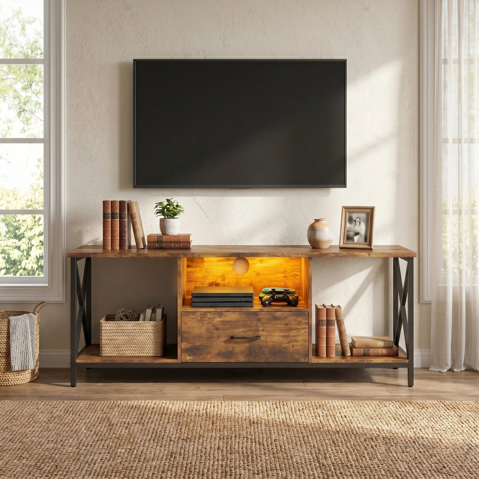 [Rustic] Calvera TV unit front view with LED-lit centre shelf, X-frame sides, lower drawer, and styled open shelves