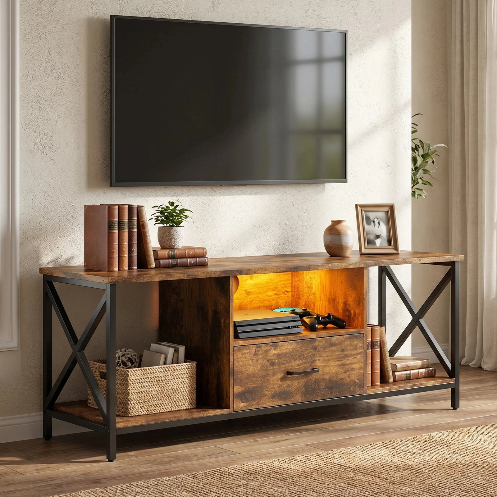 [Rustic] Calvera TV unit in lifestyle setting showing X-frame legs, LED shelf, drawer, and open side storage