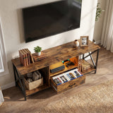 [Rustic] Calvera TV unit overhead angle showing open drawer with game storage, LED shelf, and top surface styling