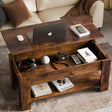 Lift top coffee table with storage in rustic brown finish, 100cm wide, featuring hidden compartments and open shelf for living room organization.