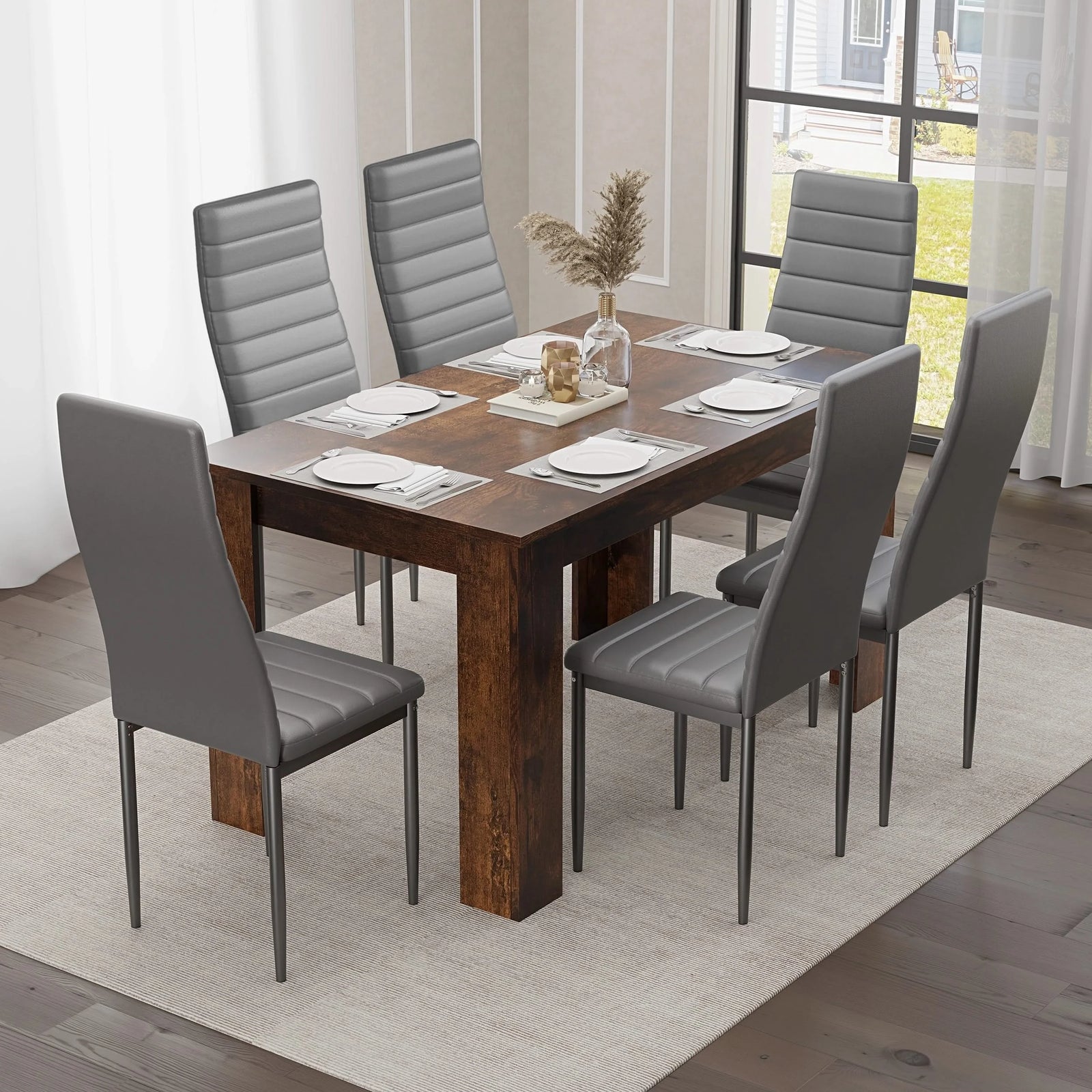 [6 Seater | Grey] Six grey PU leather dining chairs around rustic finish 140cm dining table