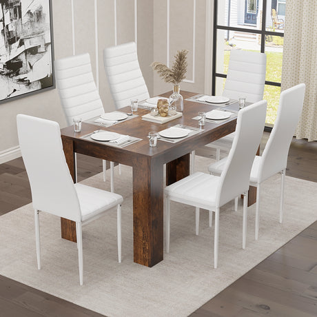 modern 6 seater dining table and chairs set with white PU leather chairs and a rustic tabletop, perfect for relaxed meals