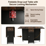 [Rustic] Drop leaf dining table guide showing the red locking catch and steps from folded to fully open using side leaves.