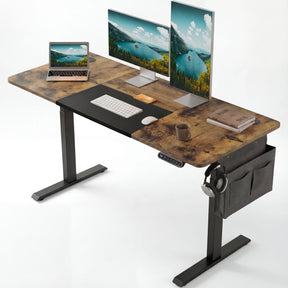 [120cm x 60cm] Rustic Electric Standing Desk with dual monitor setup, laptop, and accessories. Adjustable height home office desk with storage and headphone hook.
