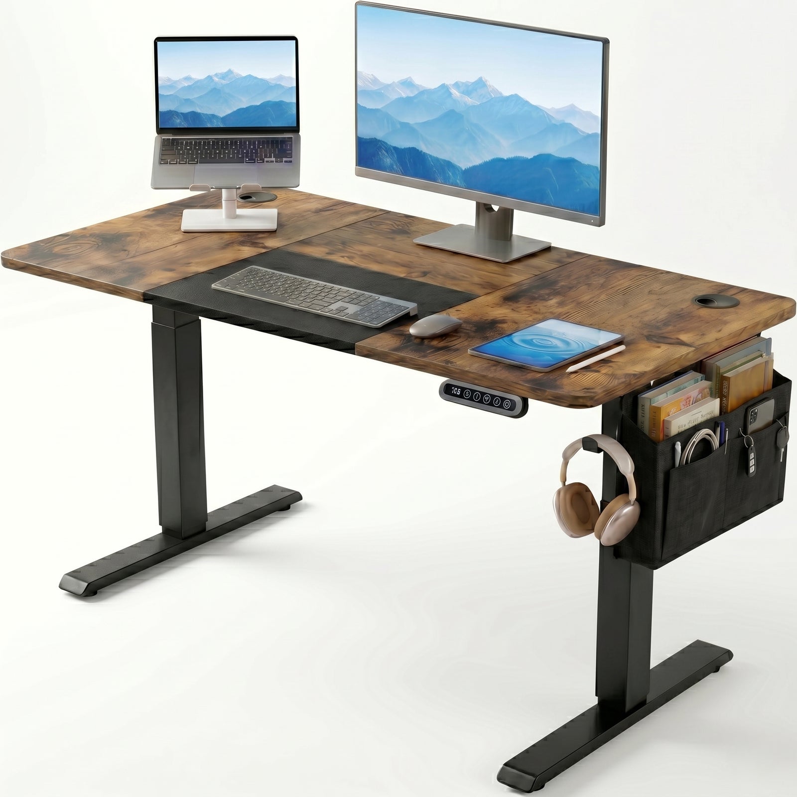 [120cm x 60cm] Rustic Electric Standing Desk with dark wood top, dual monitor and laptop stand setup, tablet, side organiser, and headphones