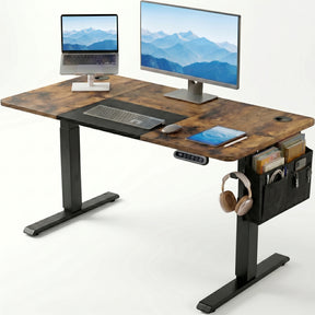 [120cm x 60cm] Rustic Electric Standing Desk with dark wood top, dual monitor and laptop stand setup, tablet, side organiser, and headphones