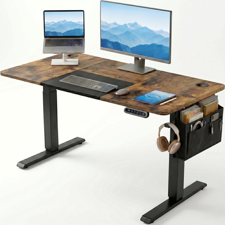 [120cm x 60cm] Rustic Electric Standing Desk with dark wood top, dual monitor and laptop stand setup, tablet, side organiser, and headphones