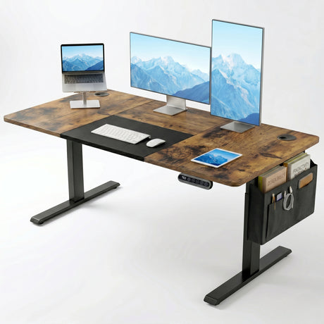 [140cm x 60cm] Rustic Electric Standing Desk with dark wood top, triple screen and laptop stand setup, tablet, and side storage organiser