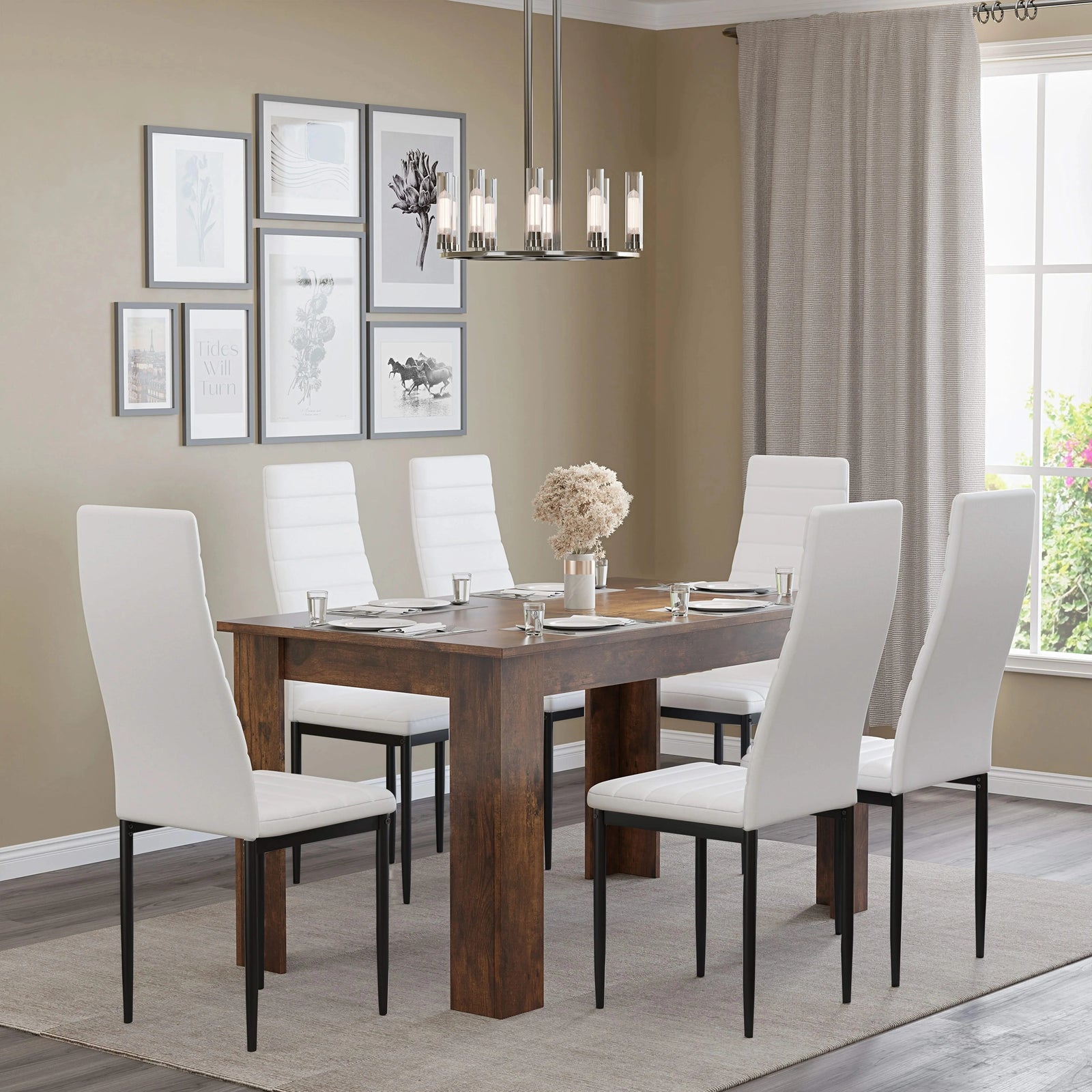[6 Seater | White] Side view white ribbed chairs flanking long rustic dining table in room
