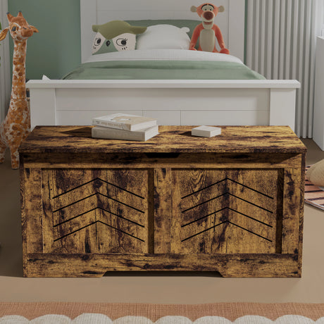 Toy Box - Kids Storage Chest Blanket Box with Safety Hinges in rustic wood finish placed at the foot of a child's bed. Ideal for toy or blanket storage.
