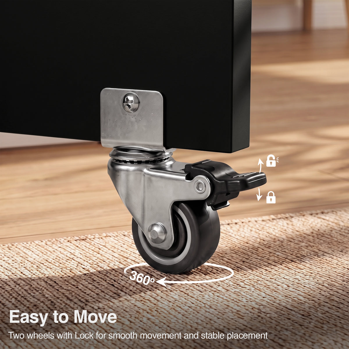 [Rustic] Dining table with wheels close-up view showing a 360-degree swivel caster and foot-operated locking brake pedal.