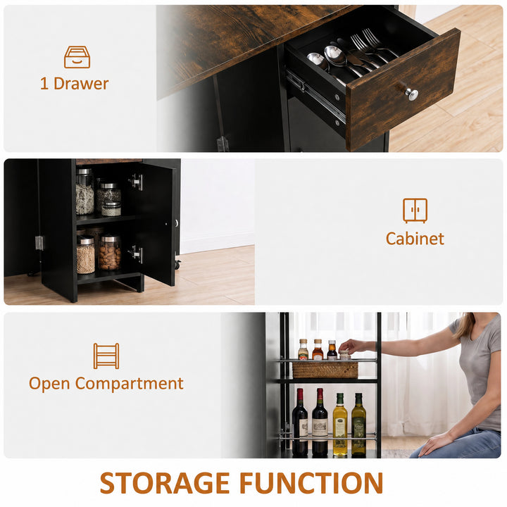 [Rustic] Folding dining table with storage guide showing a cutlery drawer, two-shelf cabinet and rod-fronted side shelves.