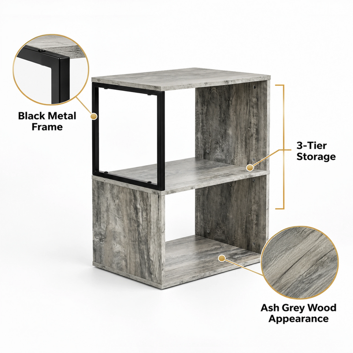 [Rustic Grey] This graphic shows the narrow side table's black metal frame outline, three-tier storage and rustic grey wood appearance.