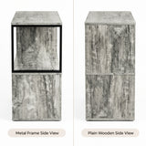 [Rustic Grey] This graphic shows the narrow side table from its metal frame side and plain wooden side.