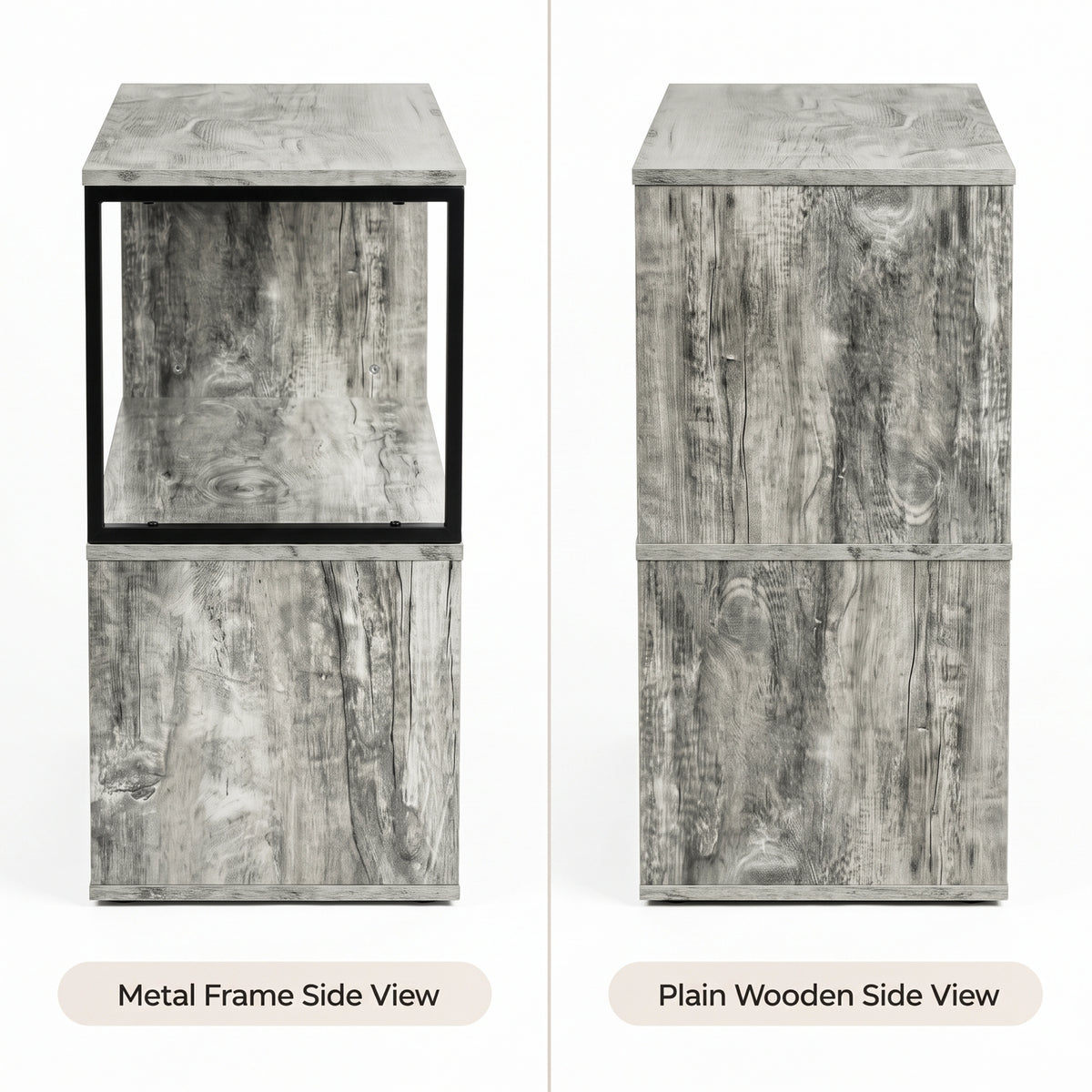 [Rustic Grey] This graphic shows the narrow side table from its metal frame side and plain wooden side.