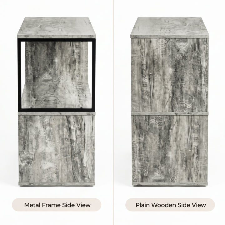 [Rustic Grey] This graphic shows the narrow side table from its metal frame side and plain wooden side.
