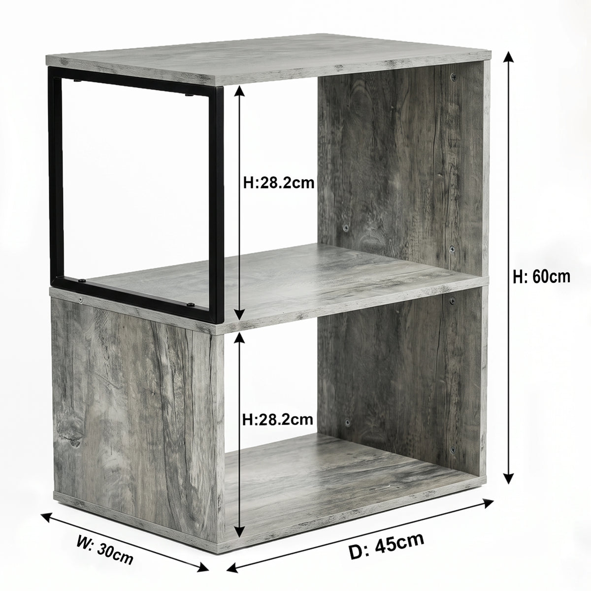 [Rustic Grey] This size guide shows the table as 30 cm wide, 45 cm deep and 60 cm high with two 28.2 cm open shelves.