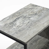 [Rustic Grey] This close-up shows the narrow side table's rustic grey wood-grain top and black metal frame outline.