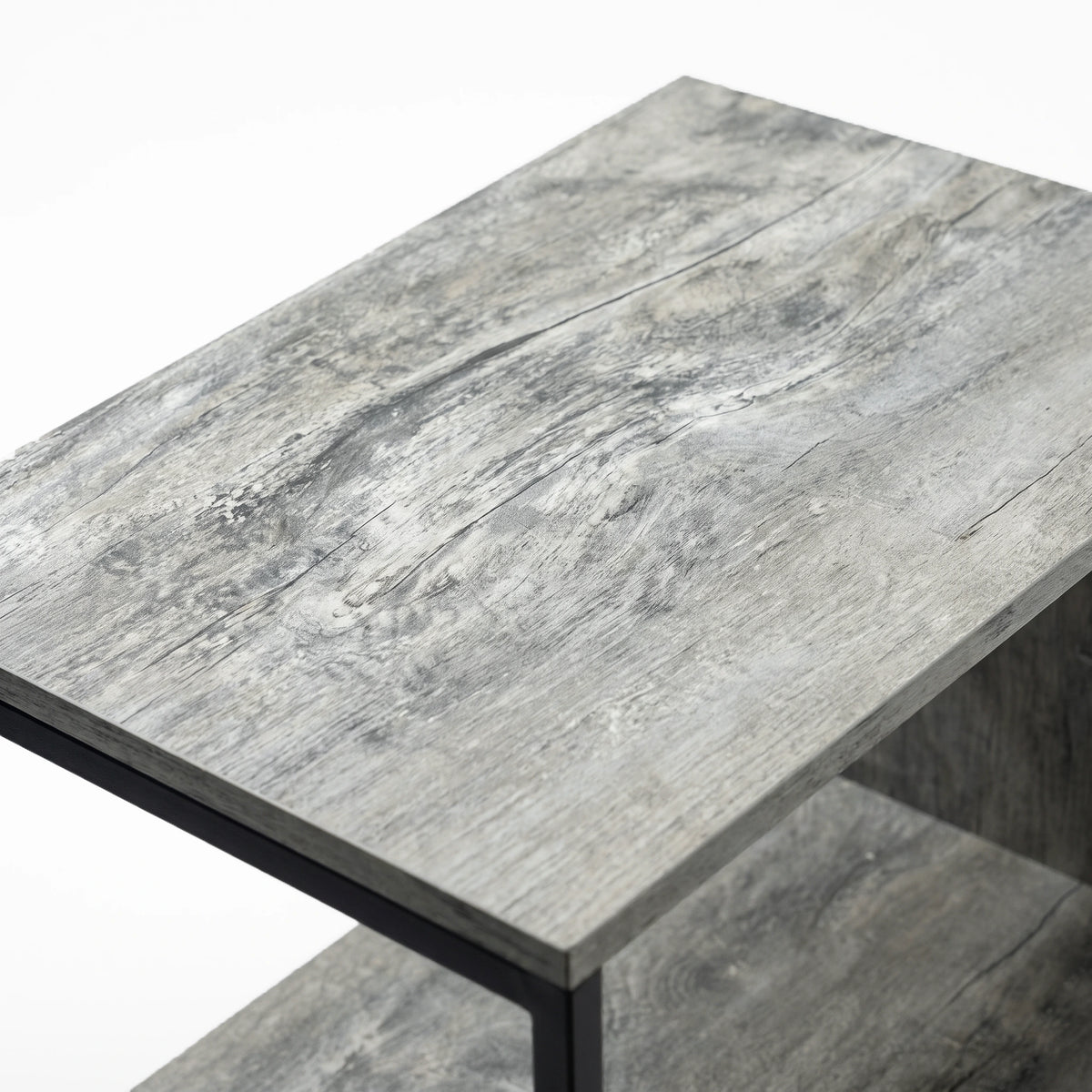 [Rustic Grey] This close-up shows the narrow side table's rustic grey wood-grain top and black metal frame outline.