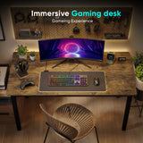 [100 X 50 cm] rustic home office desk top-down gaming view with curved ultrawide and rattan chair