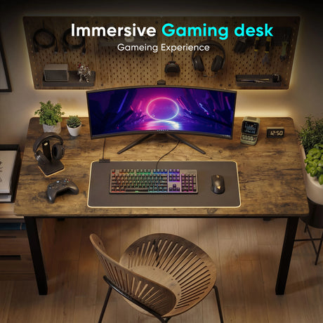 [100 X 50 cm] rustic home office desk top-down gaming view with curved ultrawide and rattan chair