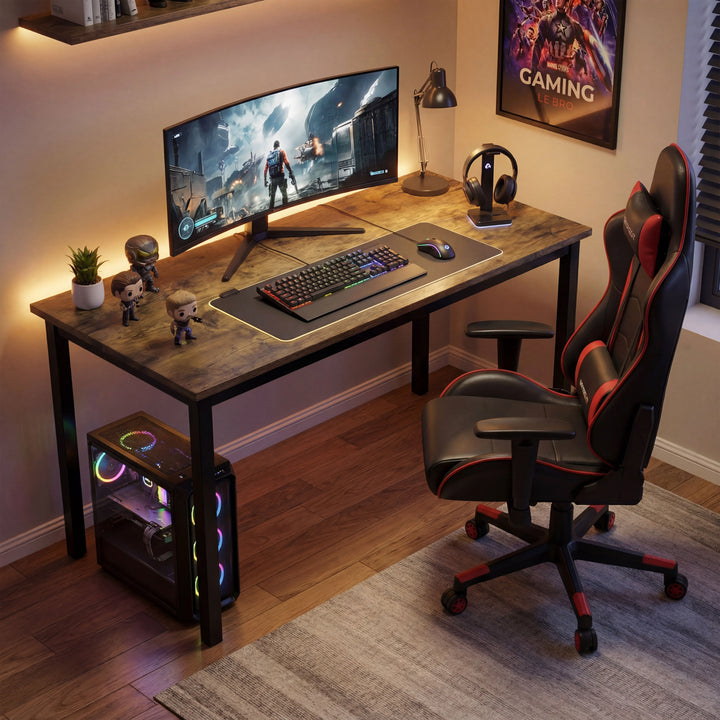 [100 X 50 cm] gaming setup on rustic home office desk 100x50cm, curved screen, and tripod desk lamp
