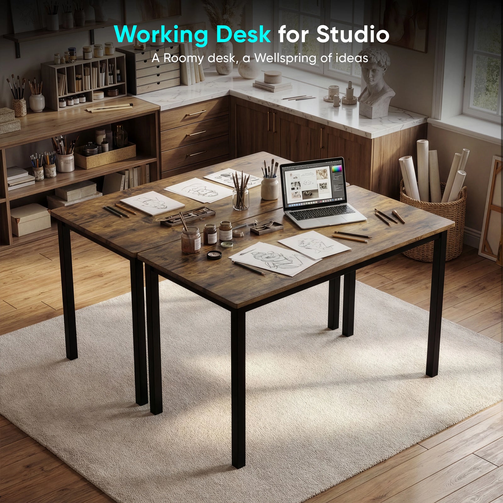 [100 X 50 cm] 100cm rustic home office desk top-down gaming view with curved ultrawide and