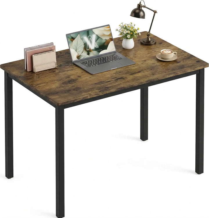 [80 X 50 cm] Home Office Desk shown on plain white background with laptop, notebooks, brass anglepoise lamp, daisy vase, and cappuccino cup