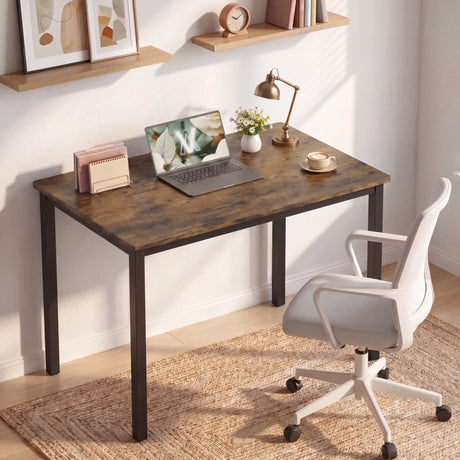 [80 X 50 cm] home office desk 80x50cm with rustic woodgrain top, laptop and plant against grey wall