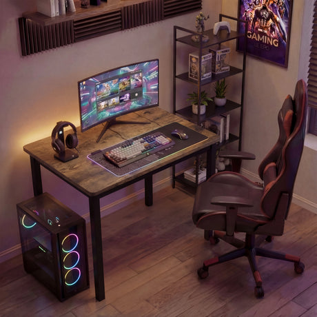[80 X 50 cm] small rustic home office desk 80cm wide as gamer station with shelving and gaming poster