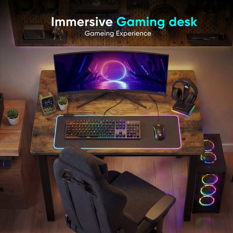 [80 X 50 cm] gaming overhead view of rustic home office desk 80x50cm, RGB keyboard, controller at edge