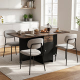 [Rustic] Kitchen drop leaf table fully open and styled with four chairs, cereal, rolls and coffee in a bright kitchen.