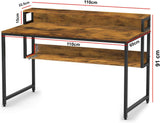 Rustic laptop table with a black metal frame, featuring dimensions labeled in centimeters.