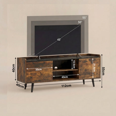 [Rustic | 112 cm] Larvik annotated dimension diagram showing 112x40x55cm unit, 33cm door width, 43cm shelf width, and 43–55 inch TV compatibility