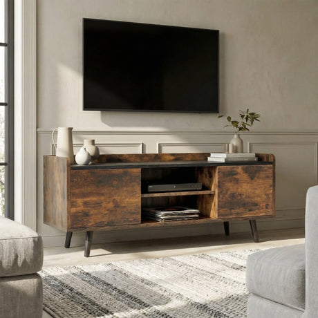 [Rustic | 112 cm] Larvik styled in a panelled living room with wall-mounted TV, ceramic vases, books, and neutral sofas on textured rug