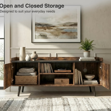 [Rustic | 112 cm] Larvik front view with both doors open revealing folded throws, vinyl records, wooden box, books, and cable hole in panelled room