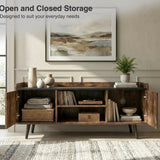 [Rustic | 112 cm] Larvik front view with both doors open revealing folded throws, vinyl records, wooden box, books, and cable hole in panelled room