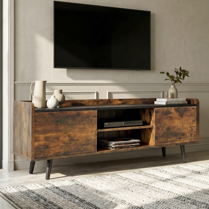 [Rustic] Larvik TV Unit with Shelves in a rustic dark wood finish with a black top, two cabinet doors, open centre shelving and tapered dark legs against a neutral wall