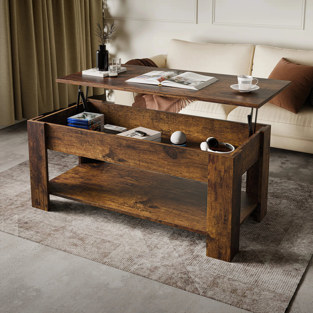 [Rustic] Lift top coffee table open lifestyle view in rustic finish with books inside.