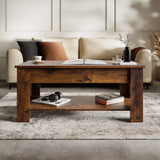 [Rustic] Lift top coffee table closed front view in dark wood grain finish next to cream sofa.