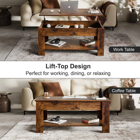 [Rustic] Lift top coffee table dual function: raised as desk and closed as table.