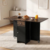 [Rustic] Modern folding dining table fully open with black cabinet, caster supports and coffee, berries and juice on tabletop