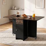 [Rustic] Modern folding dining table fully open with black cabinet, caster supports and coffee, berries and juice on tabletop
