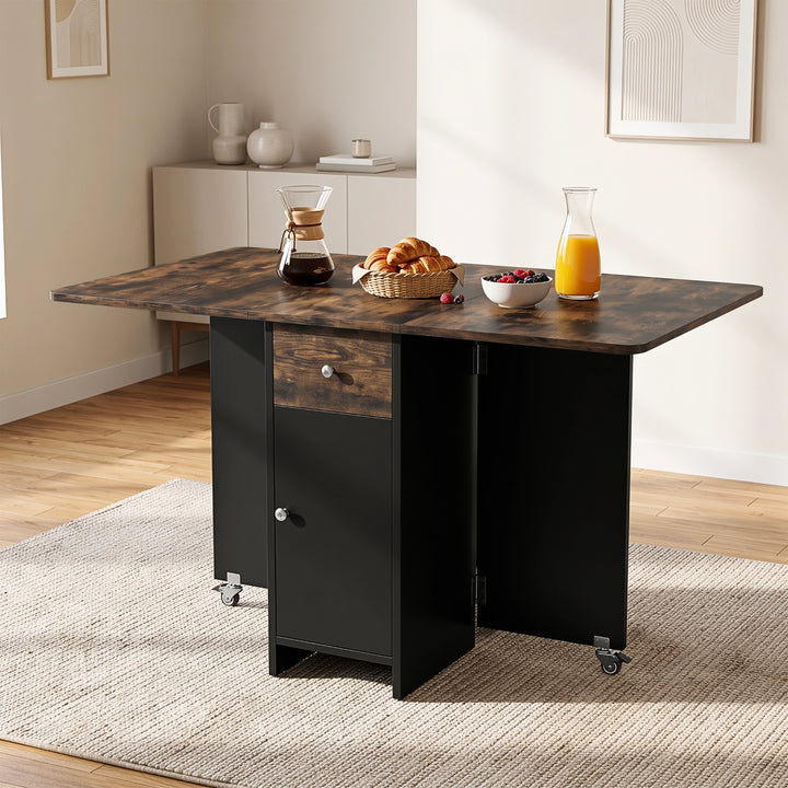 [Rustic] Modern folding dining table fully open with black cabinet, caster supports and coffee, berries and juice on tabletop