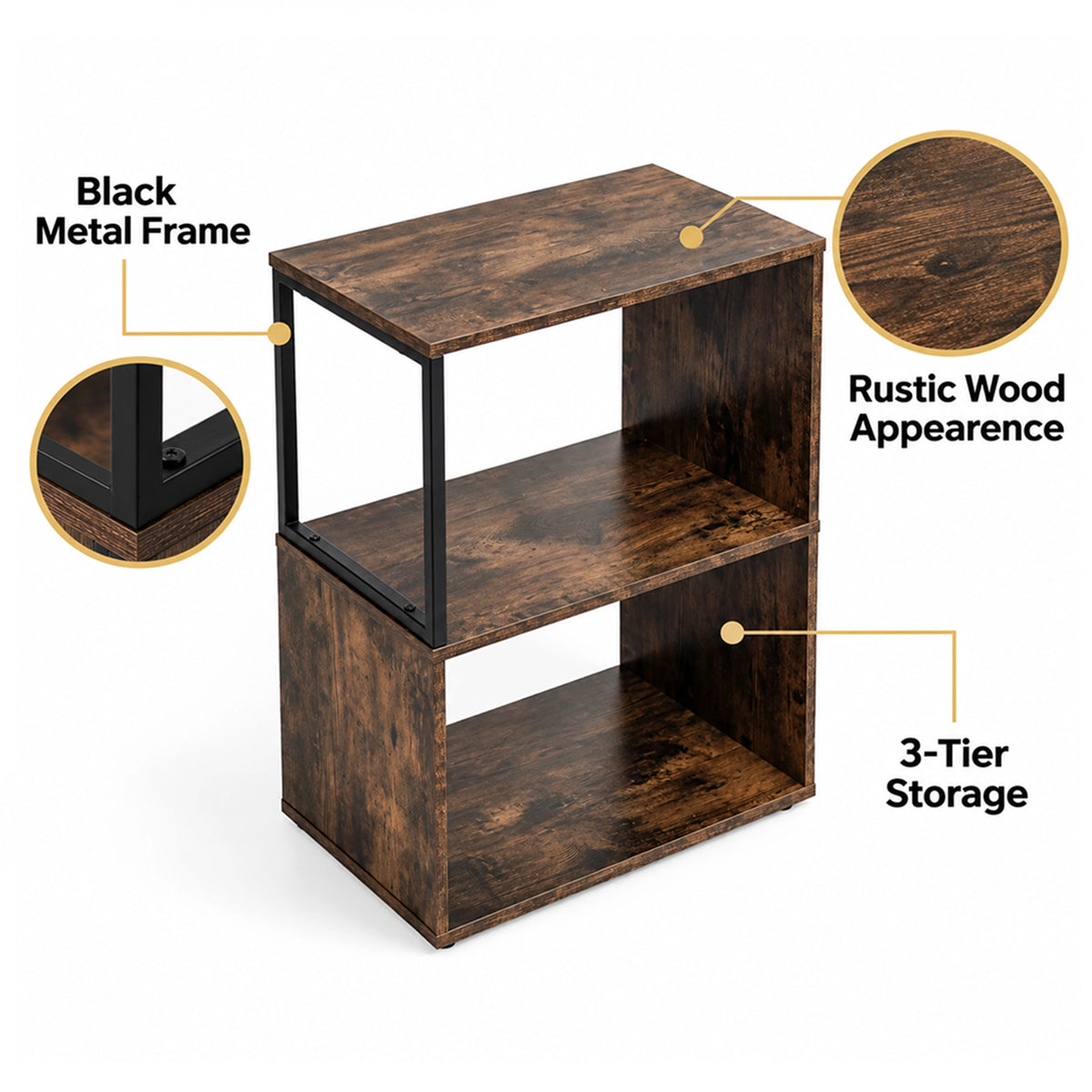 [Rustic] This graphic shows the narrow side table's black metal frame outline, three-tier storage and rustic wood appearance.
