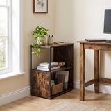 [Rustic] This narrow side table stands beside a desk with a plant, stationery, books and a storage basket.