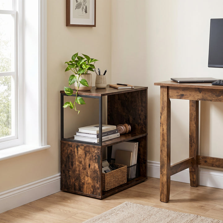 [Rustic] This narrow side table stands beside a desk with a plant, stationery, books and a storage basket.