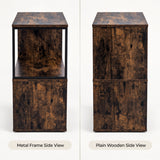 [Rustic] This graphic shows the narrow side table from its metal frame side and plain wooden side.