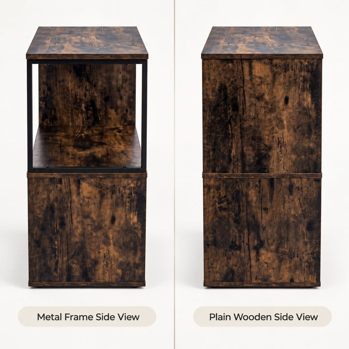 [Rustic] This graphic shows the narrow side table from its metal frame side and plain wooden side.